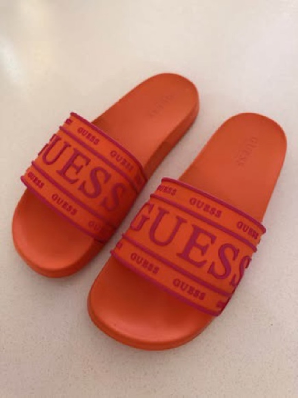 Guess Woman Orange Slide Sandals with Contrasting Logo